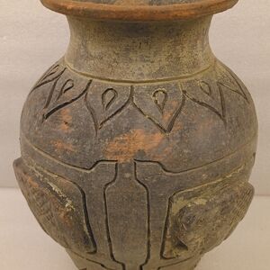 Vintage Hand-Carved Clay Pottery Vase 10” Tall Elephant Relief Rustic Art